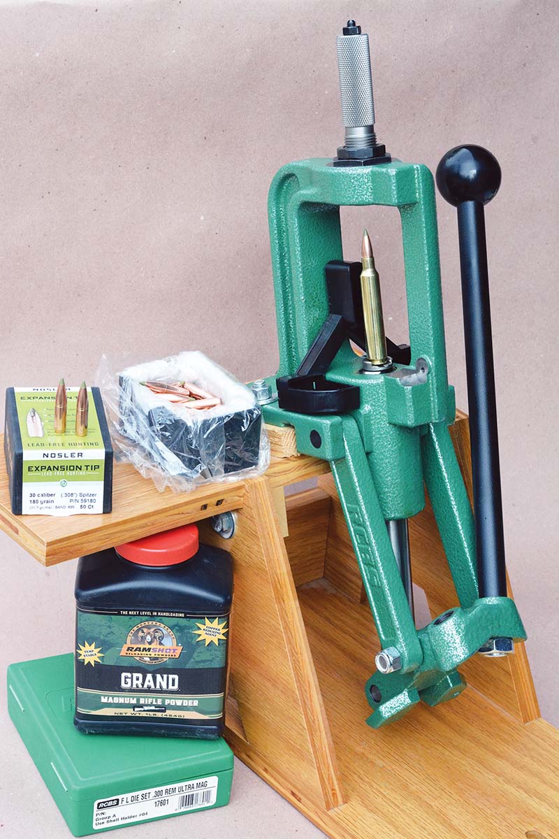 A large press, such as the RCBS Rock Chucker Supreme with a 41⁄4-inch operating window, is an excellent choice for  handloading the 300 RUM with its overall length of 3.600 inches.